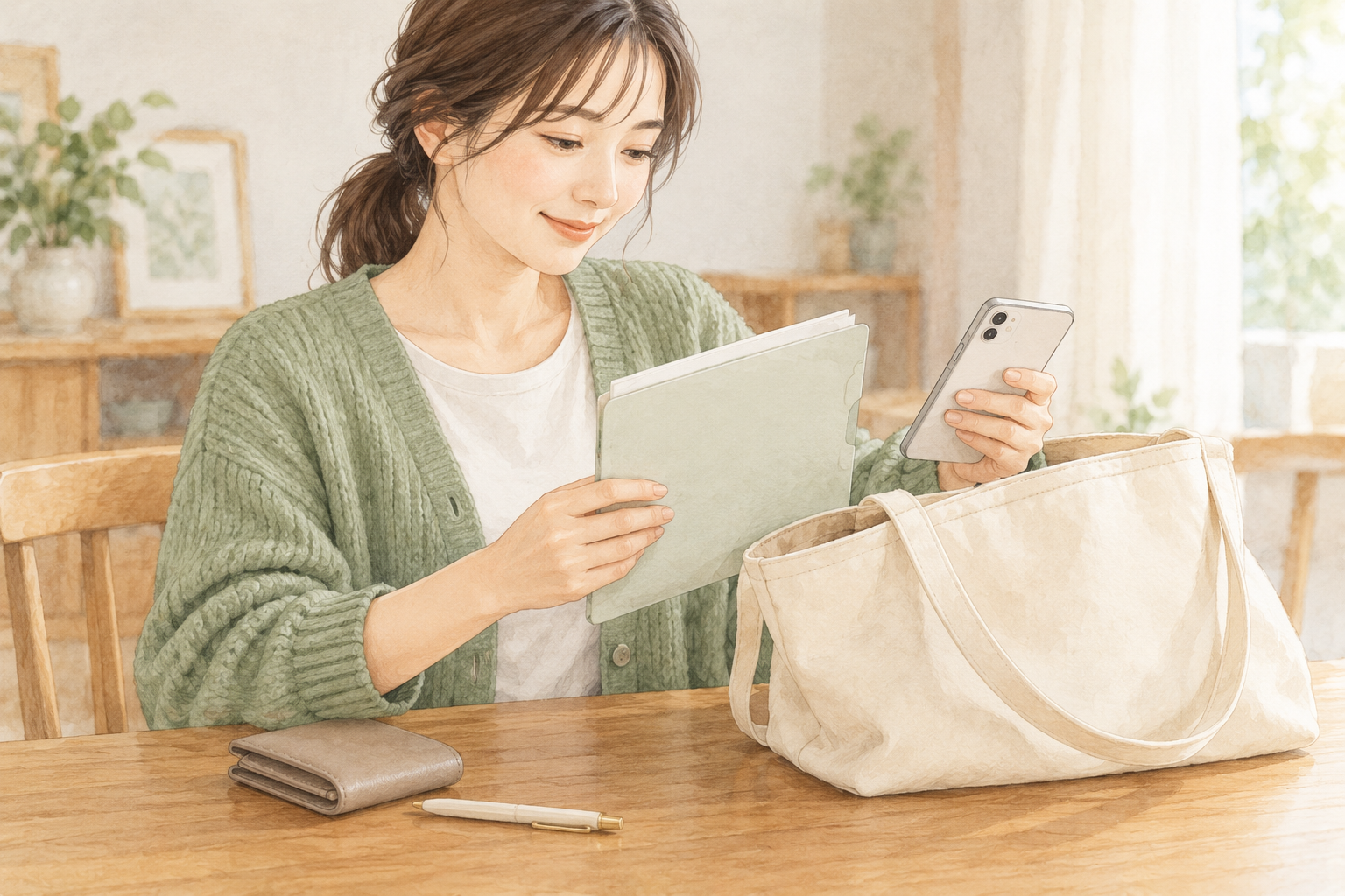 受診案内と書類、スマートフォン、財布をバッグのそばで確認するイメージ