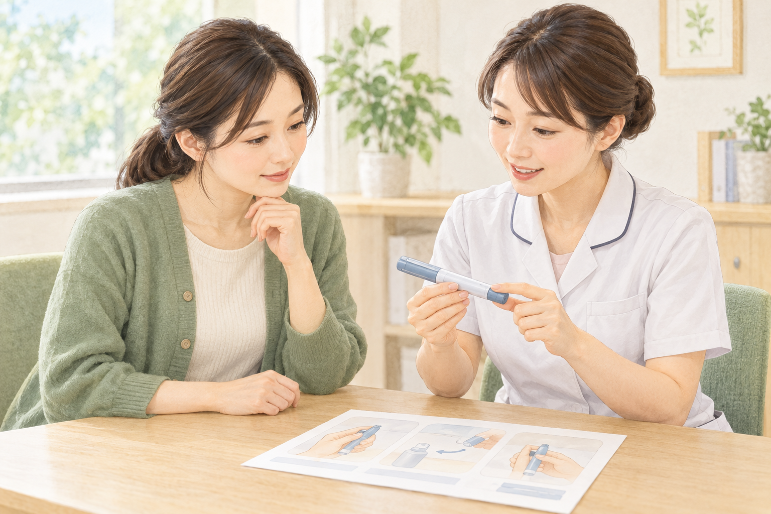 患者と看護師が練習用のペン型器具と指示書を確認しているイラスト