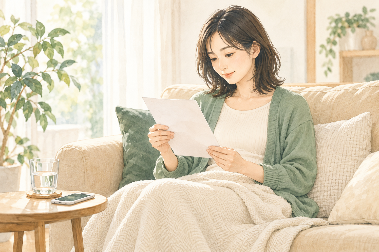 採卵後に自宅で過ごす人のイメージイラスト。