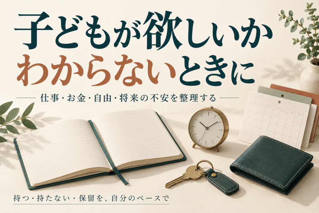 子どもが欲しいかわからないときに。仕事・お金・自由・将来の不安を整理する記事のタイトルと、ノートや時計、財布を配した画像。