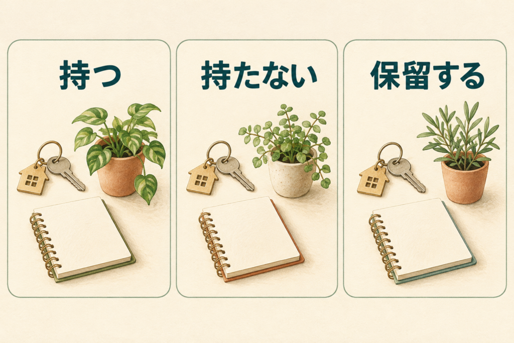 持つ・持たない・保留するの3つを、同じ大きさの欄と手帳・鍵・鉢植えで並べ、優劣を付けずに考える図。