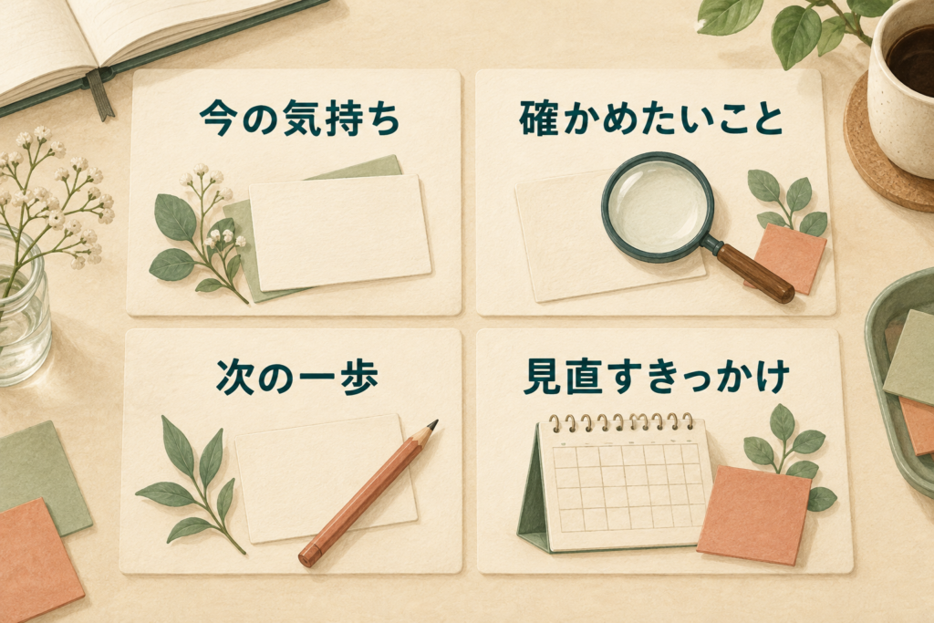 今の気持ち・確かめたいこと・次の一歩・見直すきっかけを、メモカード、虫眼鏡、鉛筆、カレンダーで表した4項目の整理図。