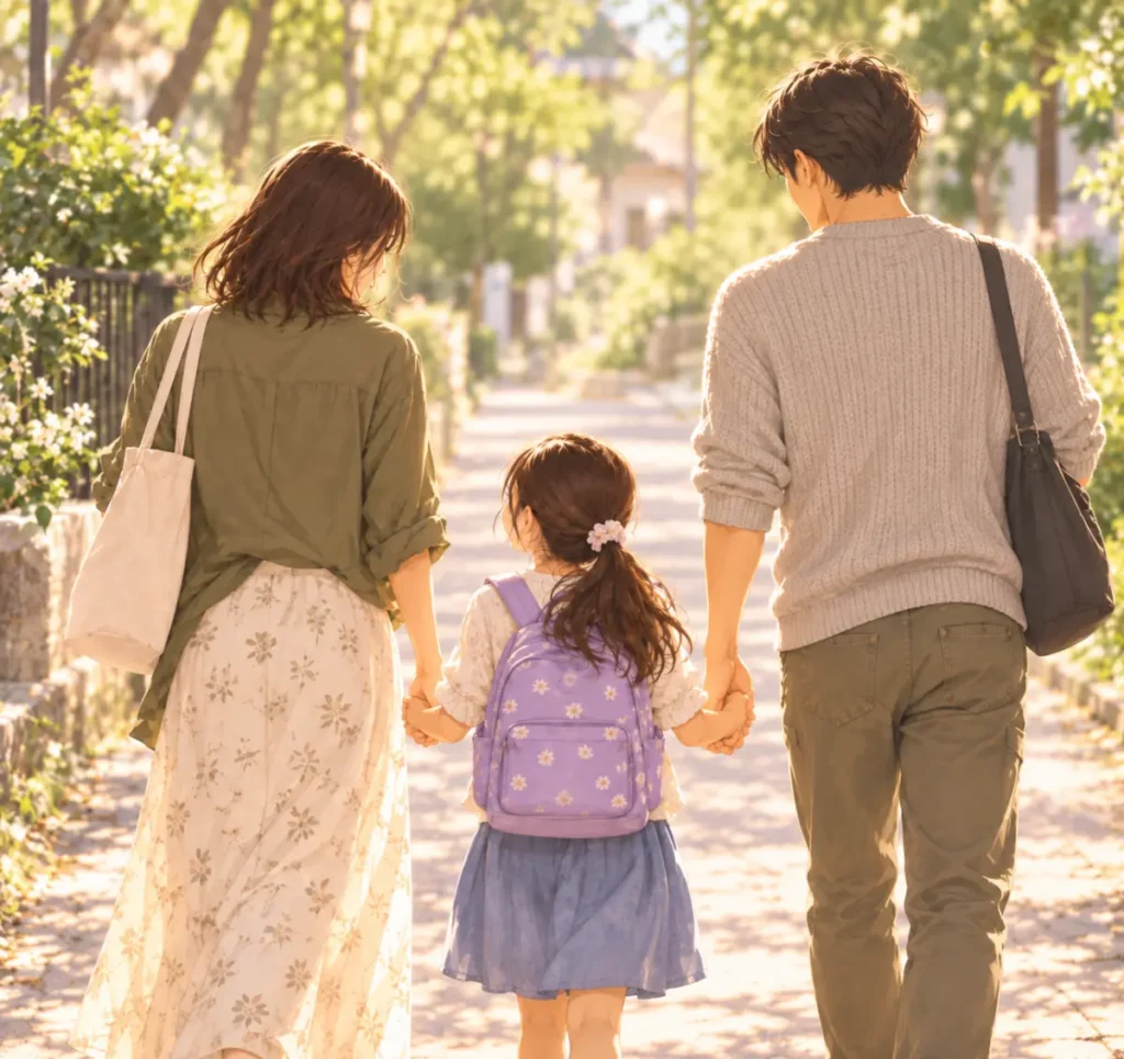 家族三人で歩いてる後ろ姿
