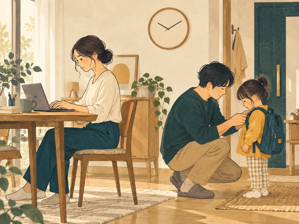 自宅で仕事をする大人と、子どもの身支度を手伝う大人を描いたイラスト。