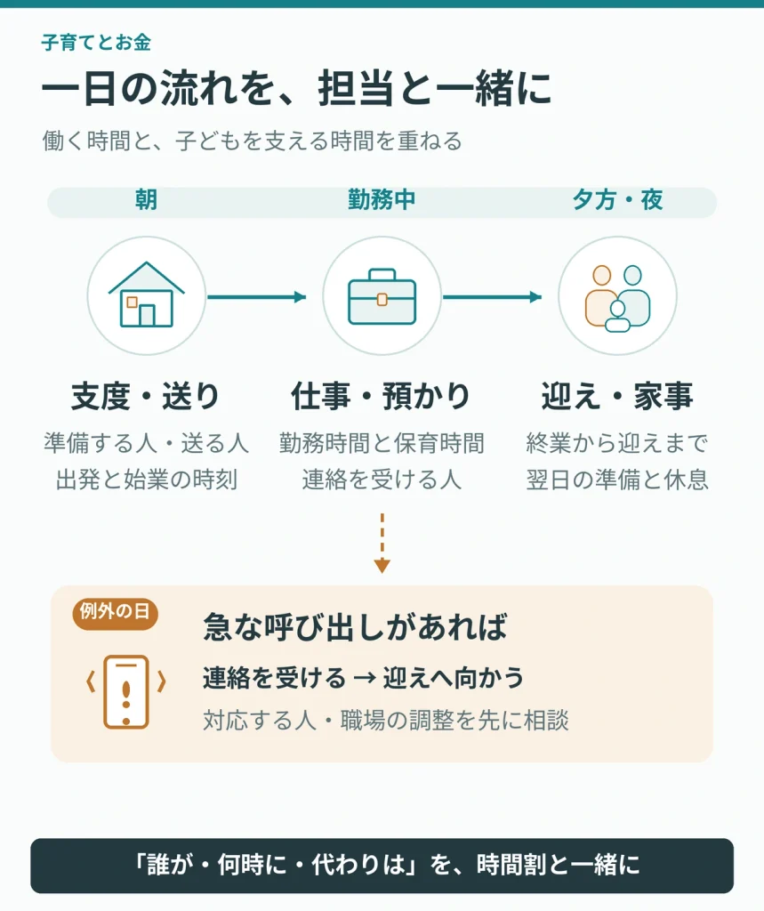 一日の流れを、担当と一緒に。朝|支度・送り 準備する人/送る人 家を出る時刻/始業までの移動 → 勤務中|仕事・預かり 勤務時間と保育時間 施設からの連絡を受ける人 → 夕方・夜|迎え・家事・休息 終業→移動→迎え 食事・洗濯・翌日の準備/休む時間