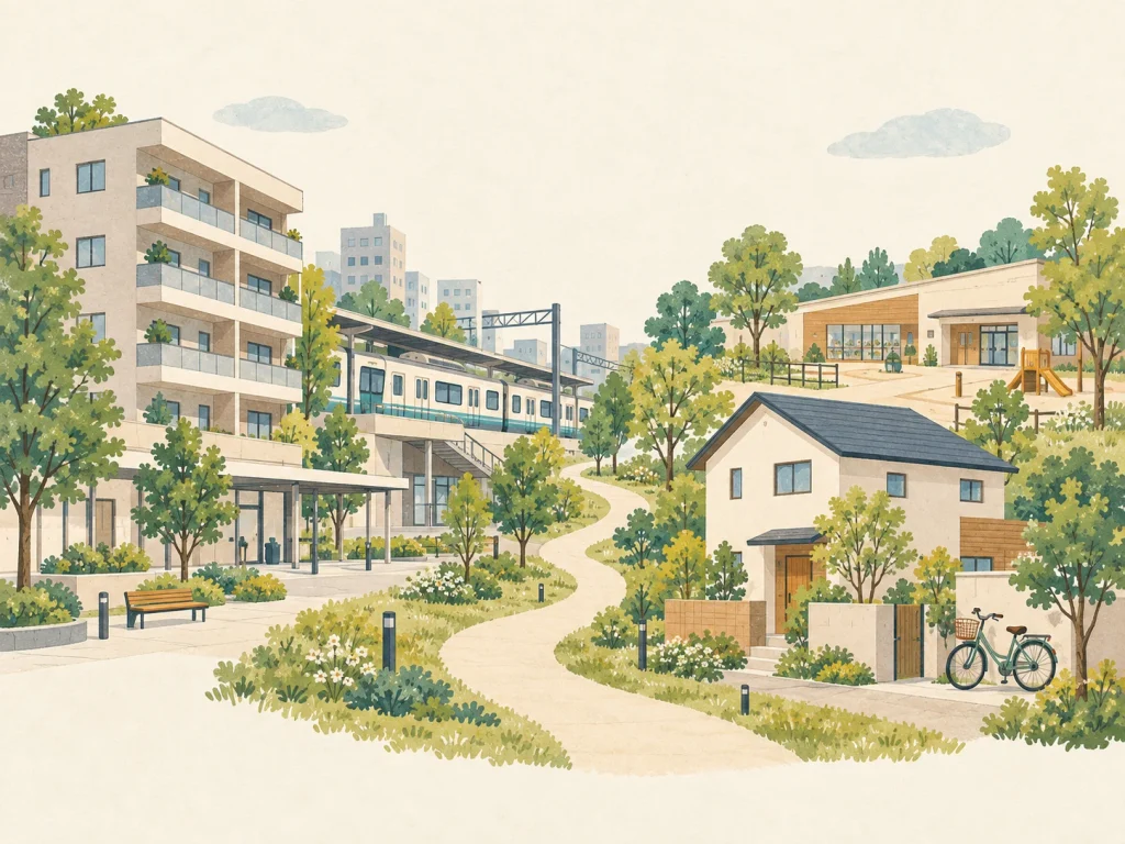 集合住宅、鉄道、戸建て住宅と地域の施設を、歩く道でつないだイラスト。