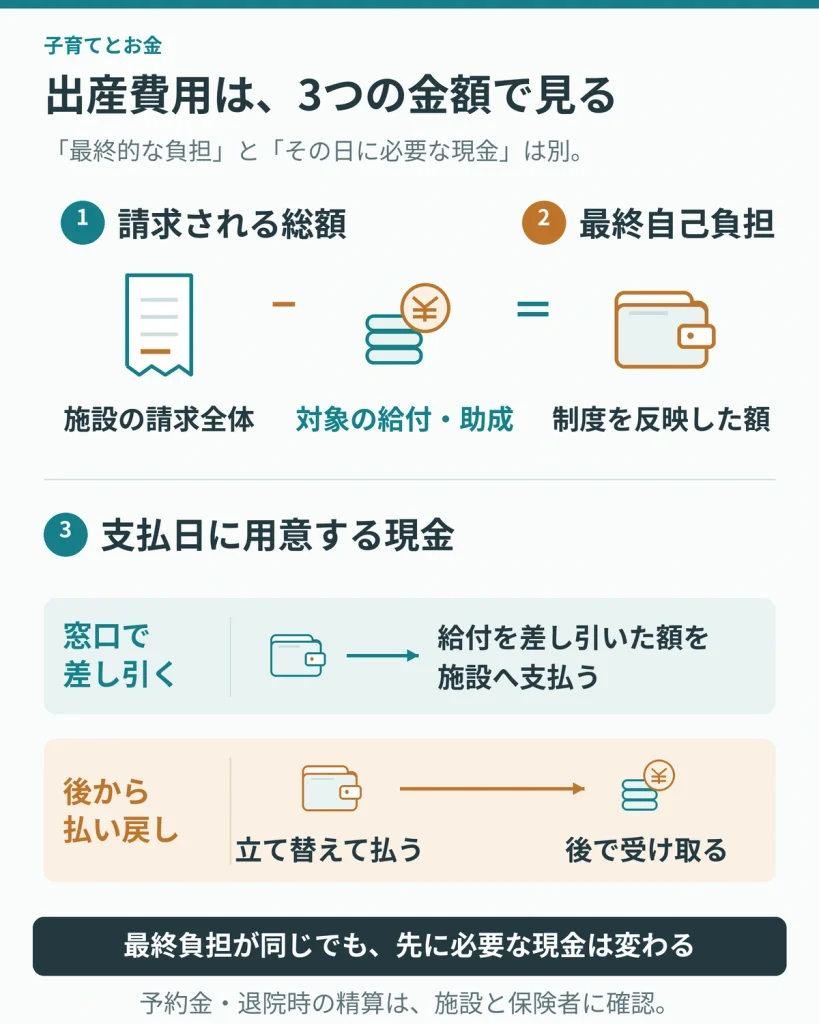 出産費用は、3つの金額で見る。請求される総額 標準費用+希望する部屋や対応などの追加分。 最終的な自己負担 利用できる給付・助成を反映した後に負担する分。 先に用意する現金 予約金や退院時など、各支払日に必要な額。