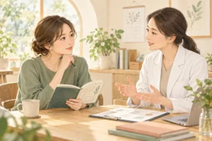 診察でノートを開き、医療者に相談する人のイメージイラスト