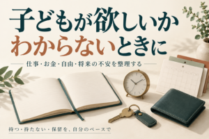 子どもが欲しいかわからないときに。仕事・お金・自由・将来の不安を整理する記事のタイトルと、ノートや時計、財布を配した画像。